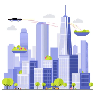 A futuristic cityscape features towering skyscrapers made of glass and metal, reflecting sunlight. Floating islands with lush greenery and vibrant flowers hover in the air, connected by visible light beams. Flying cars with sleek designs zoom through the skyline, leaving trails of colorful lights behind them. The sky is a gradient of blue to purple, with a few fluffy clouds scattered across. Below, the city is bustling with activity, with people walking on the streets and small vehicles navigating through the busy roads.