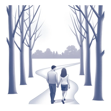 A couple is walking hand in hand along a winding path in a park. They are surrounded by tall trees whose branches extend overhead. The trees are uniformly spaced along the pathway, creating a natural archway. In the distance, the path leads towards the horizon, which is framed by more trees. Both individuals have relaxed postures, enjoying their stroll in the serene environment.
