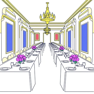 A grand dining hall with high ceilings and elegant architectural details. Long rectangular tables are arranged in neat rows, each covered with white tablecloths. The tables are set with fine china, sparkling glassware, and polished silverware. Beautiful floral centerpieces in vibrant colors adorn each table. Large chandeliers hang from the ceiling, casting a warm glow over the scene, with each chandelier featuring multiple candle-like bulbs. The walls are decorated with intricate moldings and rich tapestries, adding to the festive atmosphere.