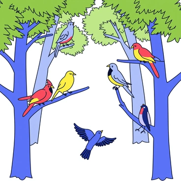 A variety of birds perched and flying through the trees in a lively forest scene