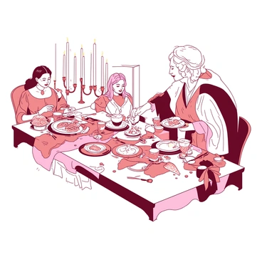 A lavish dining scene unfolds at a long, elegantly set table adorned with an array of rich dishes and sparkling silverware. At one end of the table, a stepmother with a regal appearance sits, dressed in a flowing gown in soft shades. Beside her, two stepsisters, one with dark hair and the other with blonde curls, are engaged in animated conversation, both wearing vibrant dresses that complement their personalities. 

In the center of the table, Aschenputtel, dressed in a simple yet neat attire, gracefully serves various dishes from large platters. She has a focused expression as she pours a drink into ornate goblets. The table is surrounded by opulent decor, including tall candelabras casting flickering light across the scene. The atmosphere is lively, with the sound of laughter and clinking glasses filling the air.