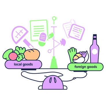 A seesaw is positioned in the center of the image, with one side labeled "local goods" and the other side labeled "foreign goods." On the left side of the seesaw, there are various local products such as fruits and vegetables, alongside a loaf of bread. On the right side, there are items like exotic spices and a bottle of imported wine. The seesaw is tilted slightly towards the left, indicating a preference for local goods at this moment. In the background, there are symbols representing policy changes, such as a gavel and stacks of documents, emphasizing the influence of regulations. The scene captures the dynamic nature of the balance between local and foreign goods.
