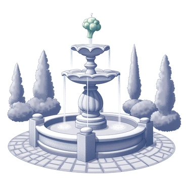 A decorative fountain located in a park setting. The fountain is designed in an ornate style, featuring intricate carvings and a tiered structure. At the top, there is a unique sculpture shaped like a piece of broccoli, from which water flows gracefully down into the basin below. Surrounding the fountain, there are neatly trimmed bushes and trees, providing a natural backdrop. The ground is paved with cobblestones, enhancing the overall aesthetic of the park.