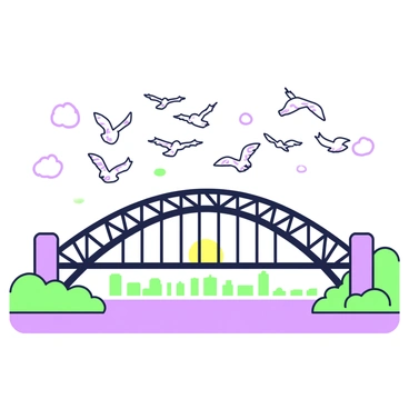 A flock of birds is soaring in a v-formation over the Sydney Harbour Bridge. The bridge's architectural details are visible, with its arches and steel beams prominently outlined. The birds are various species, their wings spread wide as they glide through the early morning sky. In the background, the sun is rising, casting a soft light that highlights the silhouette of the city skyline. The water beneath the bridge reflects the light of the sunrise, creating a serene scene.
