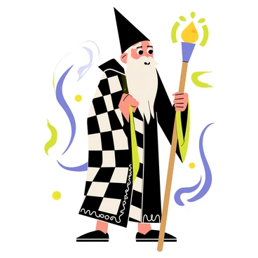 A wizard cloaked in a checkerboard pattern with swirling magical energies