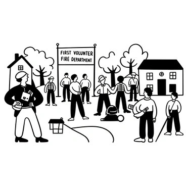 A historic scene depicting "Benjamin Franklin" standing in front of a gathering of townspeople in a small town square. He holds a wooden bucket in one hand and gestures toward a group of volunteers equipped with fire-fighting tools such as a hand pump and ladders. There is a banner displayed above them that reads "First Volunteer Fire Department." Surrounding the square are colonial-style buildings and trees, creating a backdrop for the scene. A few townspeople are engaged in discussions while others are preparing the equipment for training.