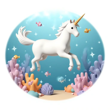 A mystical unicorn, featuring a shimmering white coat and a spiraled golden horn, is gracefully swimming through a vibrant underwater scene. Surrounding the unicorn are colorful coral reefs in shades of pink, orange, and purple. Various exotic fish of different shapes and colors, including a bright blue tang and a yellow clownfish, swim in harmony around the unicorn, creating a lively atmosphere. Sunlight filters through the water, casting sparkling reflections on the unicorn's back. The scene is rich in detail, showcasing the intricate patterns of the corals and the vivid hues of the fish.