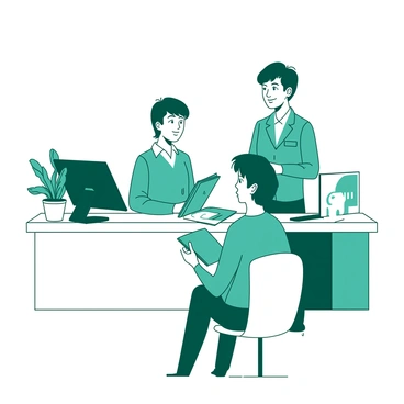 A teal bank customer service representative with short hair is standing behind a white counter. The representative is wearing a smart uniform and has a friendly smile. In front of the representative, there is a client with brown hair sitting on a white chair. The client is holding a teal folder and appears to be engaged in conversation. On the counter, there is a computer with a white screen displaying banking information. A small potted plant is placed next to the computer, adding a touch of greenery to the scene.