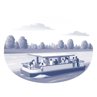 A group of passengers sitting on a ferry. They are engaged in conversation and enjoying their surroundings. Some passengers are leaning on the railing, taking in the views of the canal. The ferry is gliding through calm waters, with gentle waves lapping against the sides. In the background, there are trees lining the banks of the canal, providing a natural frame for the scene. The sky above is clear, with a few scattered clouds adding depth to the atmosphere.