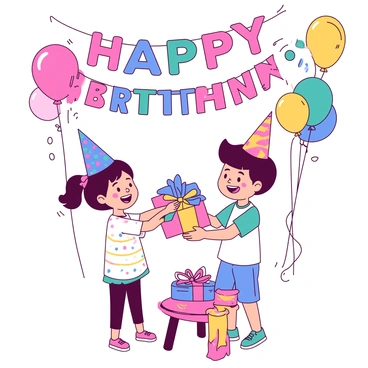 Two children are standing under a vibrant banner that reads "Happy Birthday" in large, bold letters. One child, a girl with pigtails, is handing a wrapped present to a boy wearing a party hat. The present is adorned with bright, shiny paper and a big bow. The boy is smiling widely as he receives the gift. Surrounding them are colorful balloons floating in the air and a small table decorated with a cake and more gifts. The atmosphere is lively and festive, capturing the joy of the birthday celebration.