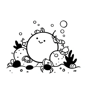 A puffer fish with a round body is positioned in the center of the image, its spines extended. Surrounding it are several crabs of varying sizes, some are climbing over rocks while others are playfully interacting with each other on the ocean floor. The ocean floor is depicted with sand and a few scattered seashells. Bubbles rise around the puffer fish, creating a sense of movement in the water.