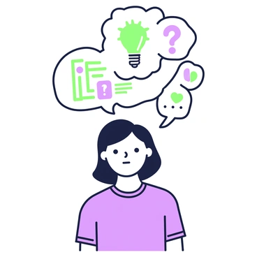 A person is standing with a neutral expression, and above their head, there are several overlapping thought bubbles. Each thought bubble varies in size and shape, creating a layered effect. Inside the bubbles, recognizable symbols and icons are illustrated, such as a light bulb, a heart, and a question mark. The person is wearing a simple shirt and has medium-length hair. The background is plain to highlight the thought bubbles and the individual's expression.