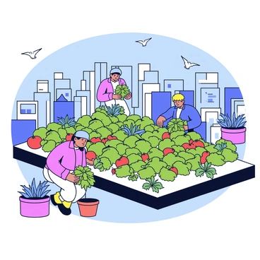 A rooftop urban farm is set atop a modern building in a bustling city. The farm features rows of green vegetables, including leafy greens and colorful tomatoes. Several people are actively harvesting the fresh produce. One person is crouching down to collect ripe tomatoes, while another is pulling up leafy greens. In the background, the cityscape is visible with tall buildings and a clear blue sky. There are pots with herbs scattered around the farm, and a few birds can be seen flying above.
