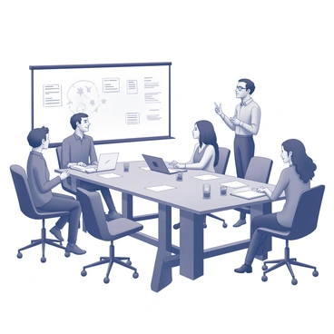 A conference room with a large, rectangular table at its center. Around the table, there are several individuals representing diverse backgrounds. One person is gesturing enthusiastically while another is leaning forward, listening intently. A third individual is taking notes on a laptop. Various documents and devices are spread across the table, indicating an active discussion. There are glasses of water and coffee mugs present, adding to the atmosphere of collaboration. A large whiteboard in the background displays various notes and diagrams pertinent to the discussion.