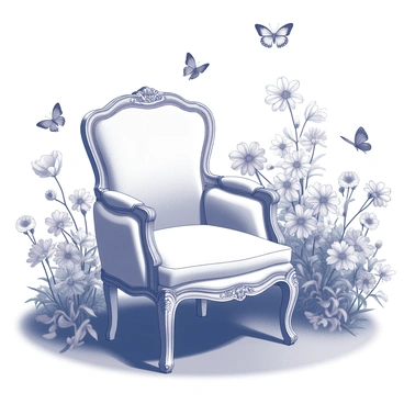 A bright fauteuil is positioned in a garden. The chair features ornate woodwork and plush upholstery. It is surrounded by various blooming flowers, each with distinct shapes and sizes, creating a vibrant natural setting. Butterflies are flitting about, some landing softly on the flowers nearby, while others hover in the air. The scene conveys a sense of outdoor tranquility and beauty, emphasizing the lush greenery in the background.