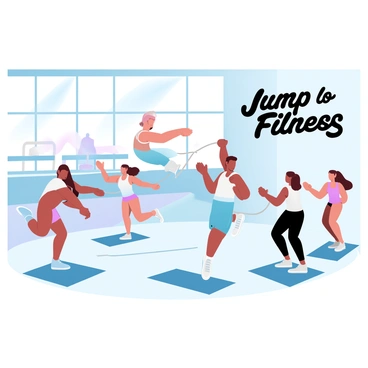 A fitness instructor is demonstrating jump rope techniques in a gym filled with adults. The instructor is wearing a bright athletic outfit and is energetically leading the group. The group of adults, dressed in various colorful workout attire, is positioned in a circle, actively jumping rope. There are exercise mats on the floor and gym equipment in the background. The gym has large windows allowing natural light to illuminate the scene. A motivational banner is hanging on the wall with the words "Jump to Fitness" in large, bold letters.