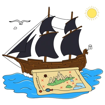 A large pirate ship with a dark wooden hull and billowing black sails is sailing across the open seas. The ship has a majestic figurehead of a fearsome dragon carved into the bow. On the deck, a large, weathered treasure map is spread out, showing intricate drawings of islands, mountains, and marked locations with an "X" indicating treasure spots. Nautical instruments like a compass and a spyglass are scattered around the map. The vibrant blue waves splash against the ship's sides, and the sun is shining brightly in a clear sky. A few seagulls can be seen soaring above, adding to the lively scene.