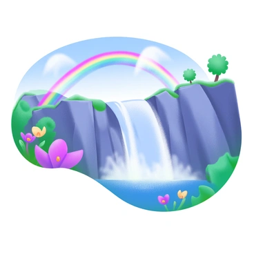 A modern pastel illustration of a cascading waterfall pouring over rocky cliffs into a serene pool below. The water sprays create a gentle mist that refracts sunlight, forming a vibrant rainbow arching across the scene. Surrounding the waterfall are lush green trees and colorful flowers, blooming under the clear blue sky. The sunlight casts soft shadows and highlights, enhancing the vivid colors of the landscape.