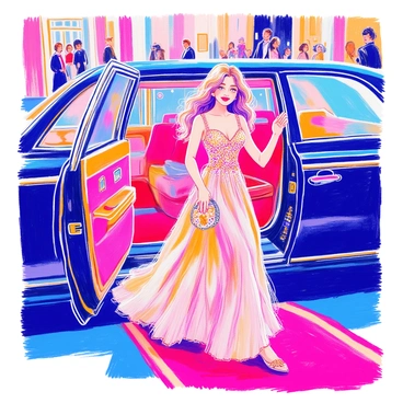 A girl is stepping out of a luxurious limousine at a high-profile gala event. She is wearing a glamorous gown that flows elegantly to the floor, adorned with intricate beadwork and sparkling sequins. Her hair is styled in soft waves, cascading down her shoulders. She is holding a small, embellished clutch in one hand and adjusting the straps of her gown with the other. In the background, there are bright lights and elegantly dressed guests mingling. The scene captures the excitement and opulence of the event.