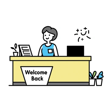 A hotel reception desk made of polished wood, with a smiling receptionist standing behind it. The receptionist is wearing a neat uniform, complete with a name tag and a friendly expression. In front of the desk, there is a bright sign that reads "Welcome Back" in bold letters, positioned prominently for guests to see. The area around the desk features a few potted plants and an information board displaying local attractions.