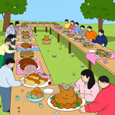 A vibrant outdoor scene featuring a community Easter feast. Long wooden tables are set up under a bright blue sky, adorned with colorful tablecloths. Each table is filled with an array of traditional Easter foods, including glazed ham, roasted vegetables, colorful Easter eggs, and baskets of hot cross buns. There are plates of brightly decorated cupcakes and a large cake shaped like a bunny. People of various ages and backgrounds gather around the tables, smiling and chatting. Children are excitedly pointing at the food, while adults serve and share dishes. Fresh flowers are scattered across the tables, adding splashes of color to the festive atmosphere.