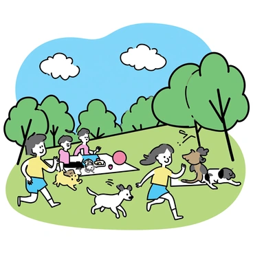 A sunny city park with people enjoying a leisurely day, children playing, and dogs running