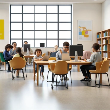 People of various ages using computers at a public library, with a focus on digital inclusion