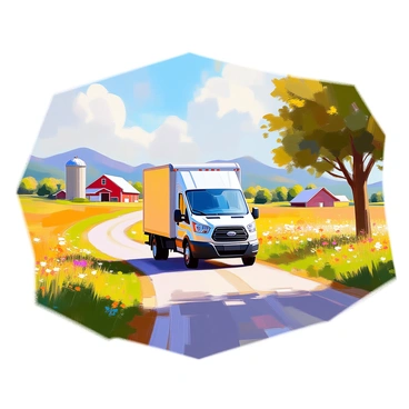 A delivery van, painted in a bright shade of white, is driving along a winding country road. The road is bordered by lush green fields that stretch out on both sides, dotted with patches of colorful wildflowers. In the background, several farms are visible, featuring red barns and silos, and hills rise gently in the distance under a clear blue sky. The sunlight casts soft shadows on the ground, creating a warm, inviting atmosphere. A few trees line the road, their leaves rustling gently in the breeze as the van makes its way through the picturesque landscape.