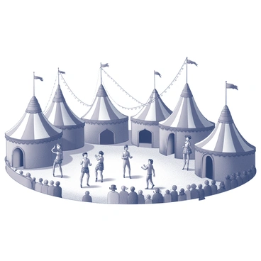 A vintage circus scene filled with various tents arranged in a circular layout. The tents have distinct shapes, featuring pointed tops and flaps, creating a dynamic skyline. Performers on stilts tower over the crowd, showcasing their balancing skills. Some are dressed in unique costumes with patterns, while others are playfully interacting with spectators below. The ground is decorated with scattered sawdust and a few props like unicycles and juggling equipment. Lively crowds of people are gathered, clapping and cheering for the performances in this bustling atmosphere.
