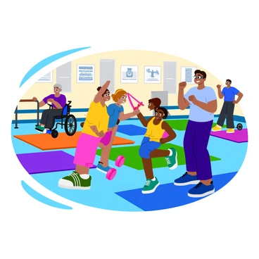 An illustration of a diverse group of people of all ages and abilities performing hip thrust exercises in a supportive gym environment. In the foreground, a middle-aged woman with short brown hair is using a pink resistance band while engaging in the exercise. Beside her, a young girl with braided hair is practicing proper form, supported by her older brother who is encouraging her. In the background, an elderly man with glasses is lifting weights on a bench, while a young adult with a wheelchair watches and cheers. Bright gym equipment is scattered throughout, including colorful mats and weights, creating an inviting and motivational atmosphere. The walls are adorned with motivational posters that read “Strength in Unity” and “Everyone Can Thrive.”