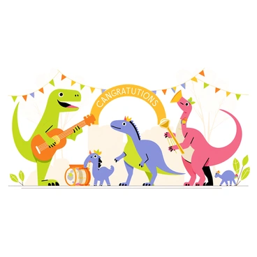 A group of dinosaurs forming a wedding band are playing various musical instruments at a joyful ceremony. There is a large green T-Rex happily strumming a bright orange guitar. Next to it, a small blue triceratops is energetically playing a set of colorful drums. A pink brachiosaurus, with its long neck elegantly arched, is blowing into a shiny golden trumpet. In the background, there are decorated trees with colorful flowers and a large, vibrant banner that reads "Congratulations". The atmosphere is filled with happiness as other dinosaurs are dancing around the band, all wearing tiny hats and bows.