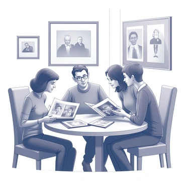 A family gathered around a wooden table, flipping through several old photo albums. The scene is intimate, with three members of the family seated closely together, leaning in to get a better view of the pictures. One person holds an album open, revealing black-and-white photographs of their ancestors. The expressions on their faces reflect a mix of nostalgia and contemplation. Soft lighting fills the room, casting gentle shadows that enhance the mood of reflection. Framed photos adorn the walls, hinting at a history filled with moments of suspicion and fear, evoking a sense of the past that resonates deeply within the family.