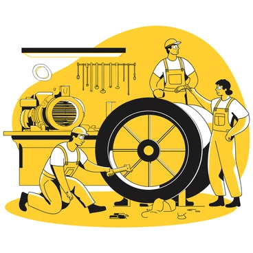 A group of mechanics working diligently on train wheels in a maintenance workshop. One mechanic is kneeling beside a large train wheel, using a wrench to tighten bolts. Another mechanic is standing, inspecting the wheel's surface with a measuring tool. The workshop is filled with various tools and equipment, including a workbench cluttered with spare parts and grease. A bright overhead light illuminates the scene, highlighting the details of the mechanics' uniforms, which consist of overalls and gloves. Behind them, a wall is lined with hanging tools, and an engine can be seen in the background, partially disassembled.