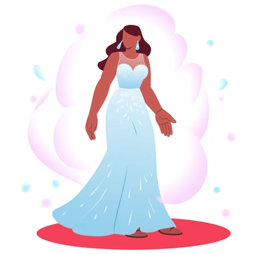 A woman in a glamorous gown wearing long jhumka earrings, standing on a red carpet.