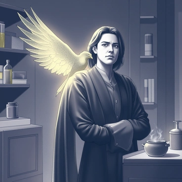 A phoenix with intricately detailed feathers is perched on the shoulder of a man dressed in a dark, long robe. The man has shoulder-length black hair and a serious expression on his face. The phoenix is radiating a golden glow, casting light across the dimly lit room. The background features shelves filled with various potions and books, and a small cauldron is bubbling quietly on a nearby table. The atmosphere is one of quiet intensity and focus, with the glow of the phoenix contrasting against the shadows around them.