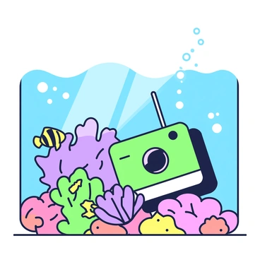 A submerged camera is positioned at the bottom of a clear blue ocean. The camera is facing towards a vibrant coral reef, which is filled with various shapes of corals, including branching and mushroom corals. Colorful tropical fish swim around the corals; there are small yellow fish darting between the branches of the corals and larger fish with stripes gliding by. Sunlight filters through the water surface, casting patterns of light and creating a serene underwater scene. Bubbles rise gently from the camera, adding to the underwater atmosphere.