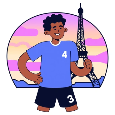 A young male soccer player with short curly hair is posing confidently. He is wearing a blue soccer jersey with a number on the back and black shorts. Behind him stands the Eiffel Tower, towering against the colorful sky. The sunset casts shades of orange, pink, and purple in the background, illuminating the scene. The player is smiling, and the Eiffel Tower is silhouetted beautifully against the vibrant sky.