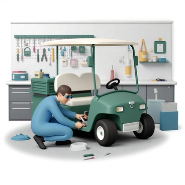 A mechanic, wearing a blue jumpsuit and safety goggles, is crouched beside a green golf cart, inspecting its engine. He has a wrench in one hand and is focused on tightening a bolt. The golf cart is positioned on a concrete floor, surrounded by various tools including a screwdriver, pliers, and a toolbox, which are scattered across a workbench nearby. The workshop is filled with shelves holding parts, manuals, and a wall cluttered with hanging tools. Soft overhead lighting illuminates the scene, creating a utilitarian atmosphere.
