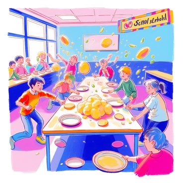 A cafeteria scene is filled with chaos where a food fight is happening. In the center, mashed potatoes are flying through the air, creating a splash against the blue walls. There are green peas scattered everywhere, some rolling off tables and others stuck to the ceiling. Students are laughing and running around, some dodging flying food while others are playfully throwing their trays. A table is overturned, and a few empty plates are scattered on the floor. In the background, a colorful banner hangs above, celebrating the school spirit.