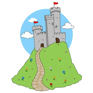 A tall, crooked castle with multiple towers and turrets, made of grey stone, stands atop a narrow, grassy hill. The castle's walls are uneven and slightly leaning, giving it a whimsical appearance. Each tower is capped with bright-colored flags fluttering in the breeze. Surrounding the base of the hill, vibrant wildflowers in various colors are scattered across the green grass. The sky above is a bright blue with fluffy white clouds drifting by. A winding path leads up the hill, lined with cobblestones and small stones.