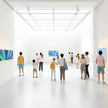 A contemporary gallery hall with large spacious walls painted in white. Various interactive art installations are scattered throughout the hall, including a colorful light display and a digital screen displaying shifting patterns. Curious visitors, dressed in casual clothing, are engaging with the installations, some touching screens while others are observing. The lighting is bright and emphasizes the artworks, creating an inviting atmosphere for exploration. Large windows allow natural light to flood in, complementing the modern aesthetic of the space.