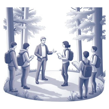 A group of five nature enthusiasts gathered in a forest clearing. They are standing in a semicircle, attentively listening to a speaker positioned at the center. The speaker is a middle-aged person with a calm demeanor, gesturing with one hand as they address the audience. Surrounding them are tall trees with dense foliage, and sunlight filters through the leaves, creating patterns on the ground. The audience varies in appearance, wearing outdoor clothing and backpacks, and some are taking notes while others look engaged in discussion. Various plants and flowers are scattered across the forest floor, adding to the natural setting.