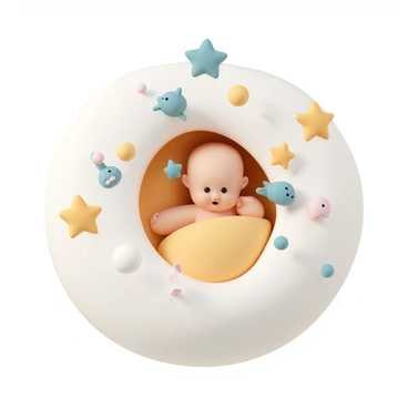 A tiny baby, surrounded by a soft, glowing amniotic fluid, is floating in a cozy, rounded womb. The baby has delicate features, with small hands and a button nose. Bright, colorful floating elements such as stars, bubbles, and tiny cartoon animals gently swirl around, creating a playful atmosphere. The walls of the womb are smooth and slightly translucent, allowing soft, filtered light to illuminate the scene. The baby's expression shows curiosity and wonder as it reaches out towards the floating objects.