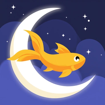 A bright orange goldfish swimming gracefully across a large, glowing crescent moon. The crescent moon is situated in a deep blue night sky filled with twinkling stars. The goldfish has flowing fins that trail behind it, creating a sense of motion. The moon casts a soft light, illuminating part of the fish's body and reflecting light onto the surrounding sky.