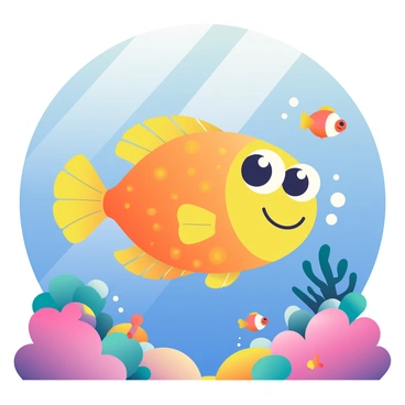 A friendly grouper with bright orange and yellow scales is swimming happily in a vibrant underwater scene. The grouper has large, expressive eyes and a wide smile, giving it a cheerful personality. Surrounding the grouper are colorful coral reefs with shades of pink, purple, and blue, teeming with small fish and sea creatures. Bubbles rise around the grouper, adding a playful atmosphere to the scene. In the background, shafts of sunlight filter down from the water's surface, illuminating the underwater world and creating a sense of wonder.