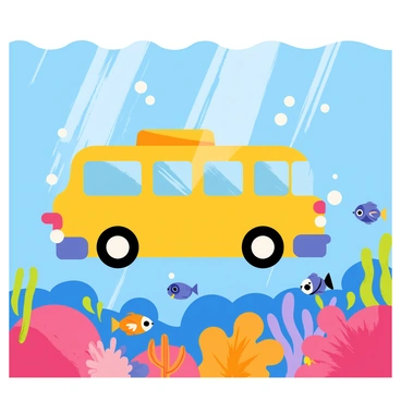 A yellow school bus with large windows, sporting a whimsical design, has transformed into a submarine. The submarine is submerged beneath the ocean's surface, surrounded by a vibrant coral reef. The reef is filled with colorful corals in shades of pink, purple, and orange. Various fish, including blue tangs and clownfish, swim among the corals. Bubbles rise to the surface around the submarine. Sunlight filters down through the water, casting playful patterns on the ocean floor.