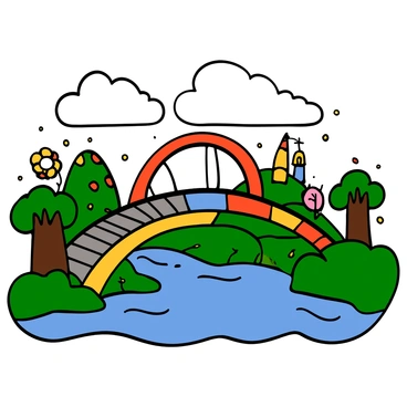 A colorful bridge with multiple vibrant hues, including red, blue, yellow, and green, arches gracefully over a sparkling river. The bridge is adorned with decorative elements like flowers and lanterns. Below, the river flows gently, reflecting the colors of the bridge and surrounded by lush greenery. On the other side of the bridge, a whimsical land is visible, featuring rolling hills, playful trees with exaggerated shapes, and fantastical structures. In the distance, fluffy, oversized clouds float in a bright blue sky, adding to the enchanting atmosphere.