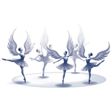 A stage set for a ballet performance. Several dancers are in motion, showcasing their graceful movements. Each dancer is adorned in elaborate costumes featuring wings inspired by flames. The wings are intricately designed with sharp, pointed shapes and flowing lines that resemble flickering flames. The dancers' poses are dynamic, emphasizing the elegance and power of their movements. Some dancers are mid-leap while others are gracefully extending their arms, creating a stunning visual display. The atmosphere reflects a sense of intensity and passion as the performance unfolds.