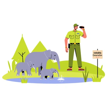 A park ranger wearing a green uniform stands on a small hill, observing a family of elephants in their natural habitat. The elephants are gathered near a watering hole, with two adult elephants and a playful baby elephant splashing water. Lush green trees and tall grass surround the scene, highlighting the vibrant ecosystem. The ranger holds binoculars and smiles, clearly enjoying the moment. A "Wildlife Conservation" sign is planted nearby, emphasizing the message of protecting wildlife.