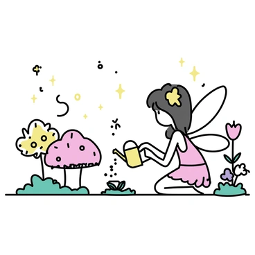 A tiny fairy with translucent wings is kneeling beside a small seedling in a lush forest. The fairy is wearing a dress made of flower petals and has shimmering hair that cascades down her back. She holds a tiny watering can, delicately pouring water onto the seedling, causing droplets to glisten in the dappled sunlight. Surrounding her are various oversized mushrooms and vibrant flowers, with soft green moss covering the ground. The atmosphere conveys a sense of enchantment, with small glowing lights floating in the air.